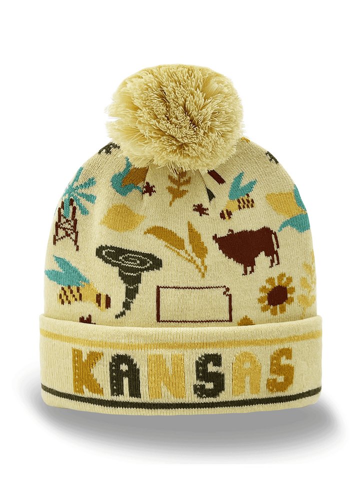 Kansas Knit Beanie Hat with Bison Bee Tornado Sunflower Pattern Winter Pom Pom Cap