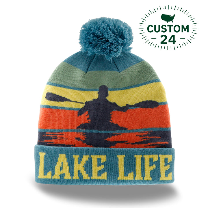 Lake Life Knit Beanie Hat with Pom | Winter Kayak Canoe Sunset Paddling Outdoor Cap