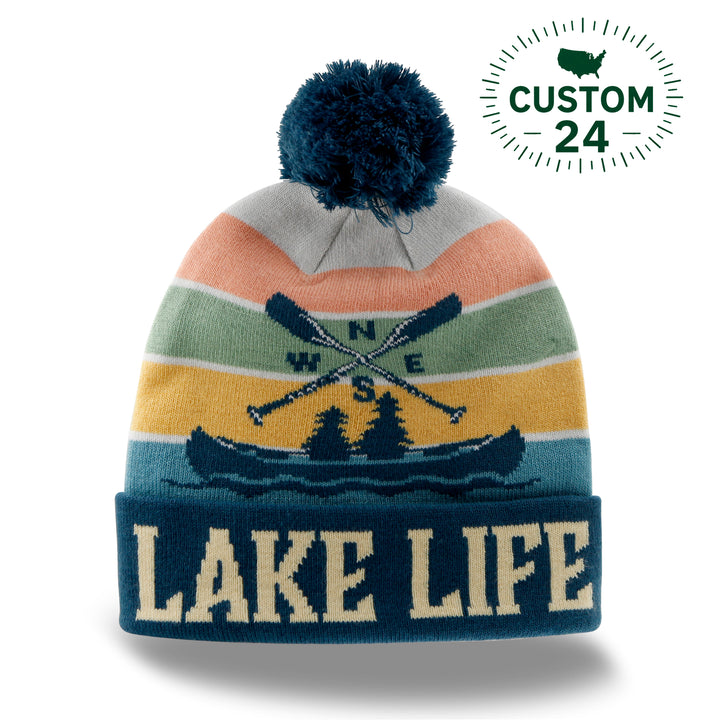 Lake Life Knit Beanie with Pom Pom Winter Hat Outdoor Canoe Adventure