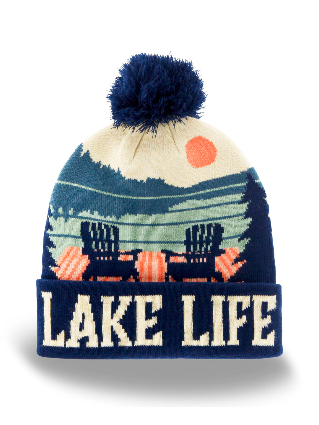 Lake Life Knit Beanie Hat with Pom | Winter Outdoor Campfire Adirondack Chairs Snow Cap