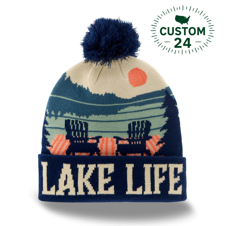 Lake Life Knit Beanie Hat with Pom | Winter Outdoor Campfire Adirondack Chairs Snow Cap
