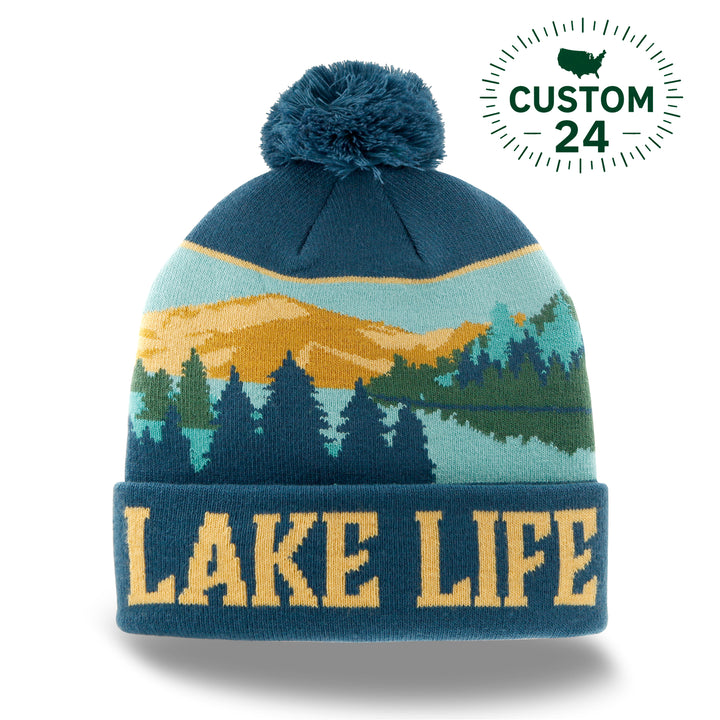 Lake Life Knit Beanie Winter Hat with Pom Pom Scenic Mountain Lake Camping Style