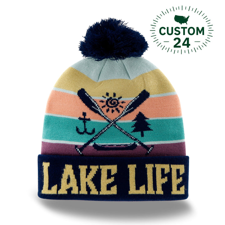 Lake Life Knit Beanie Winter Hat with Pom Pom Outdoor Canoe Adventure Camping Style