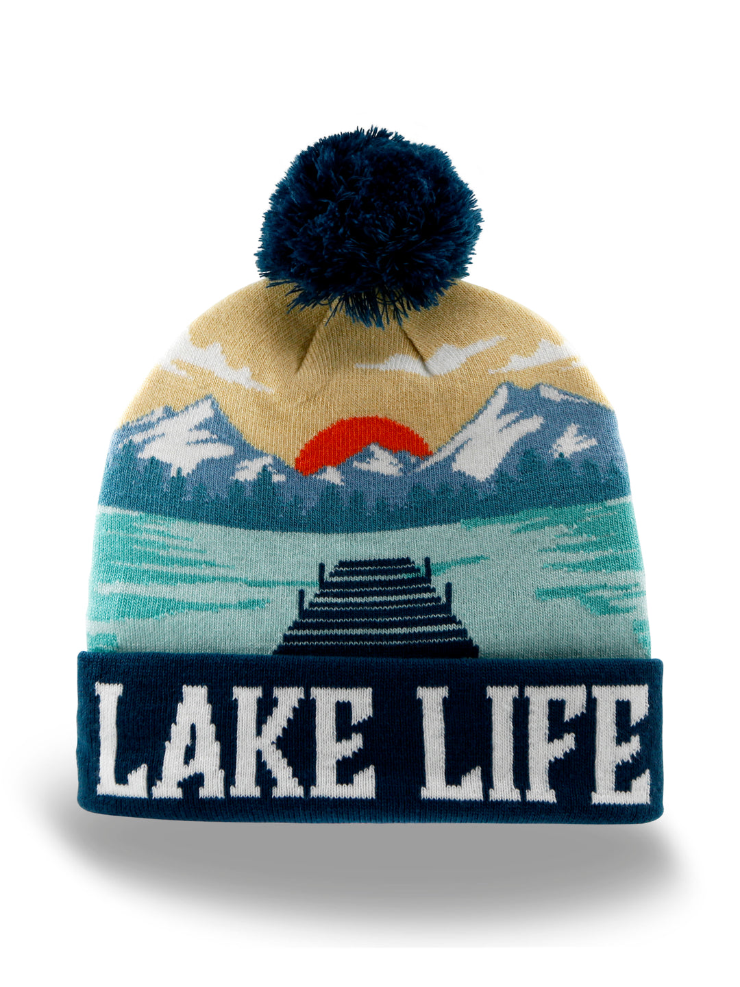 Lake Life Knit Beanie Hat with Pom | Winter Outdoor Sunset Mountain Cabin Snow Cap