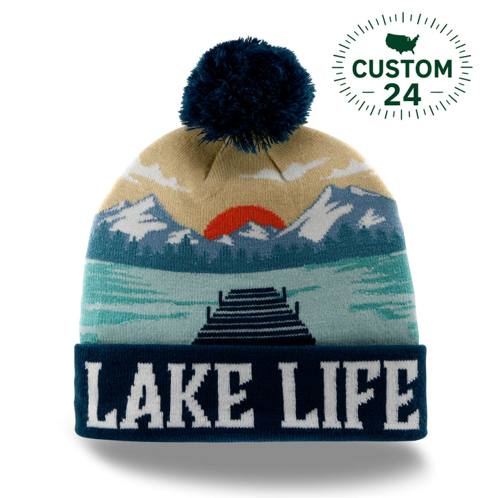 Lake Life Knit Beanie Hat with Pom | Winter Outdoor Sunset Mountain Cabin Snow Cap