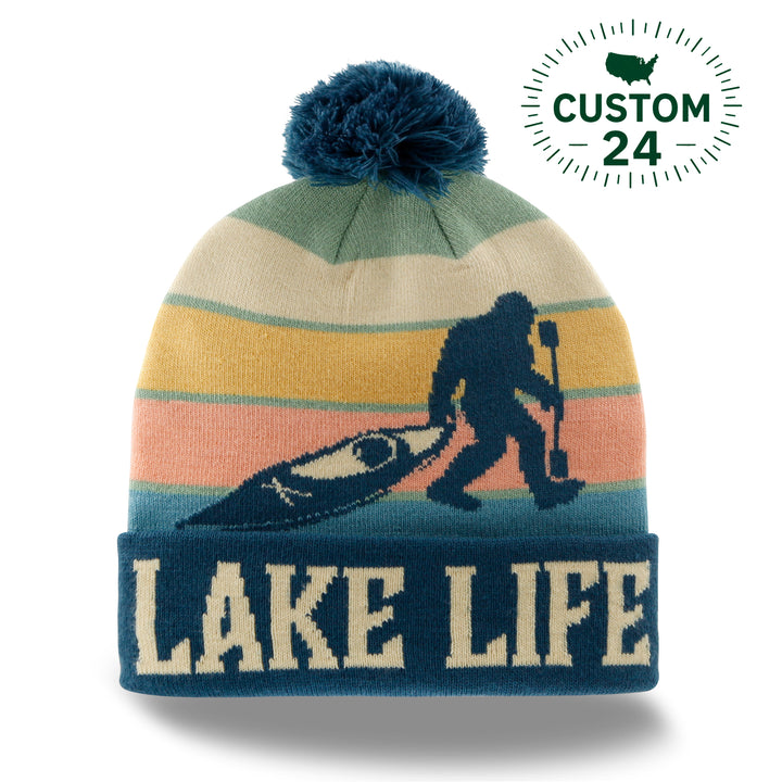 Lake Life Knit Beanie Hat with Pom | Winter Outdoor Kayaking Canoeing Adventure Cap