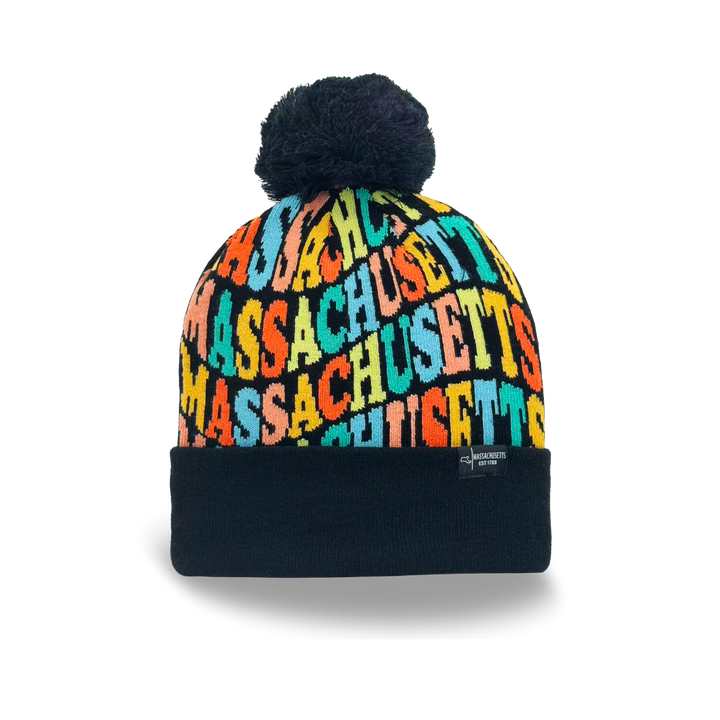 Massachusetts Colorful Letter Knit Beanie – Retro Pom Pom Winter Hat with Bold Typography