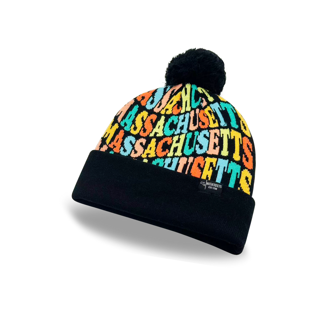 Massachusetts Colorful Letter Knit Beanie – Retro Pom Pom Winter Hat with Bold Typography