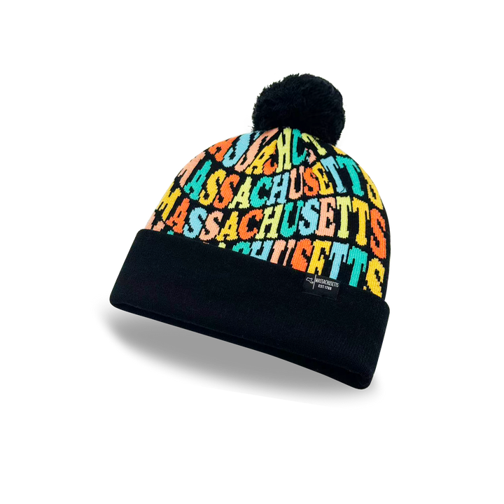 Massachusetts Colorful Letter Knit Beanie – Retro Pom Pom Winter Hat with Bold Typography
