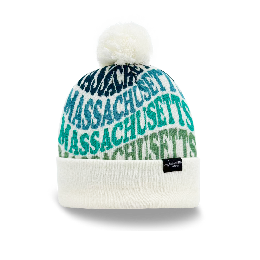 Massachusetts Colorful Letter Knit Beanie – Retro Pom Pom Winter Hat with Bold Typography