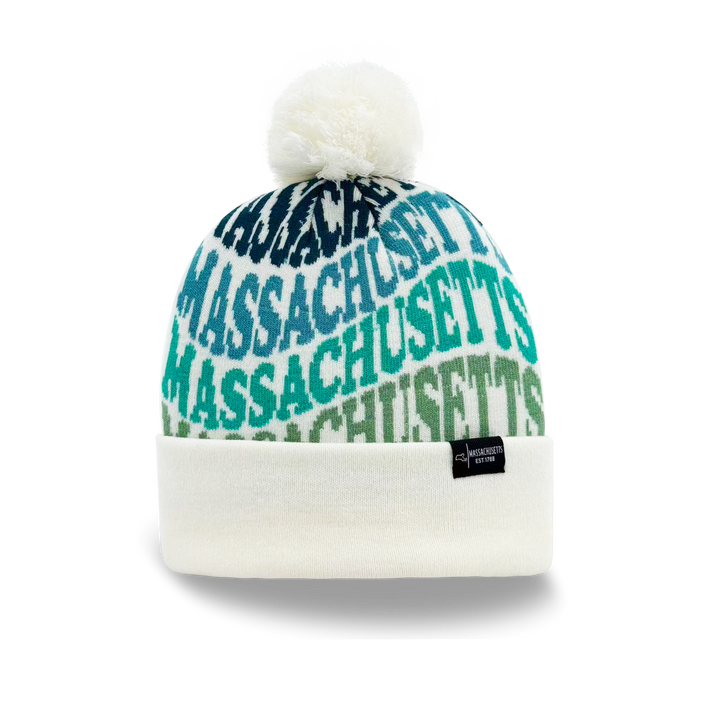 Massachusetts Colorful Letter Knit Beanie – Retro Pom Pom Winter Hat with Bold Typography