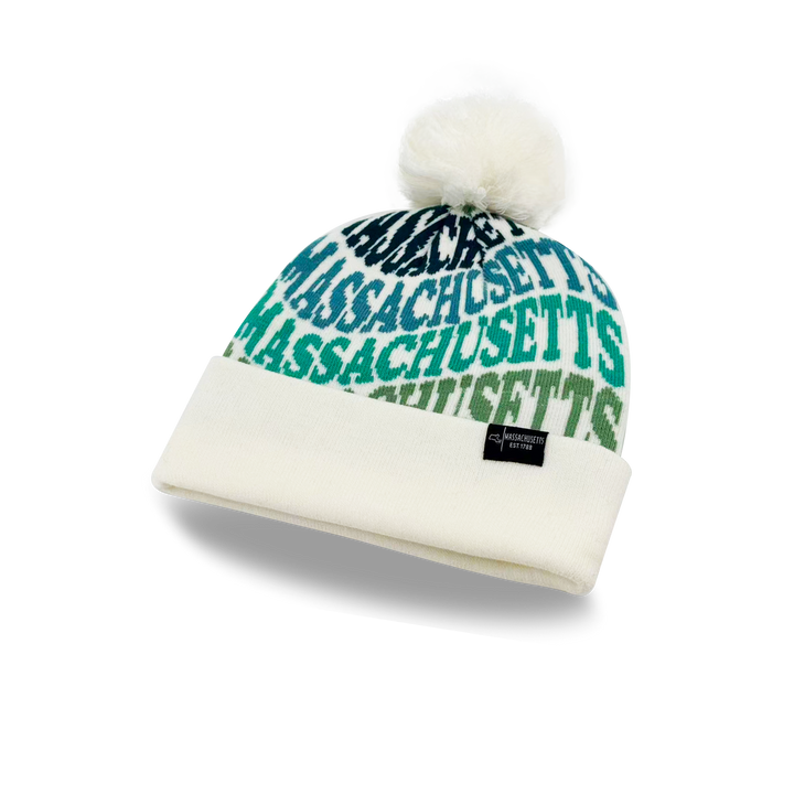 Massachusetts Colorful Letter Knit Beanie – Retro Pom Pom Winter Hat with Bold Typography