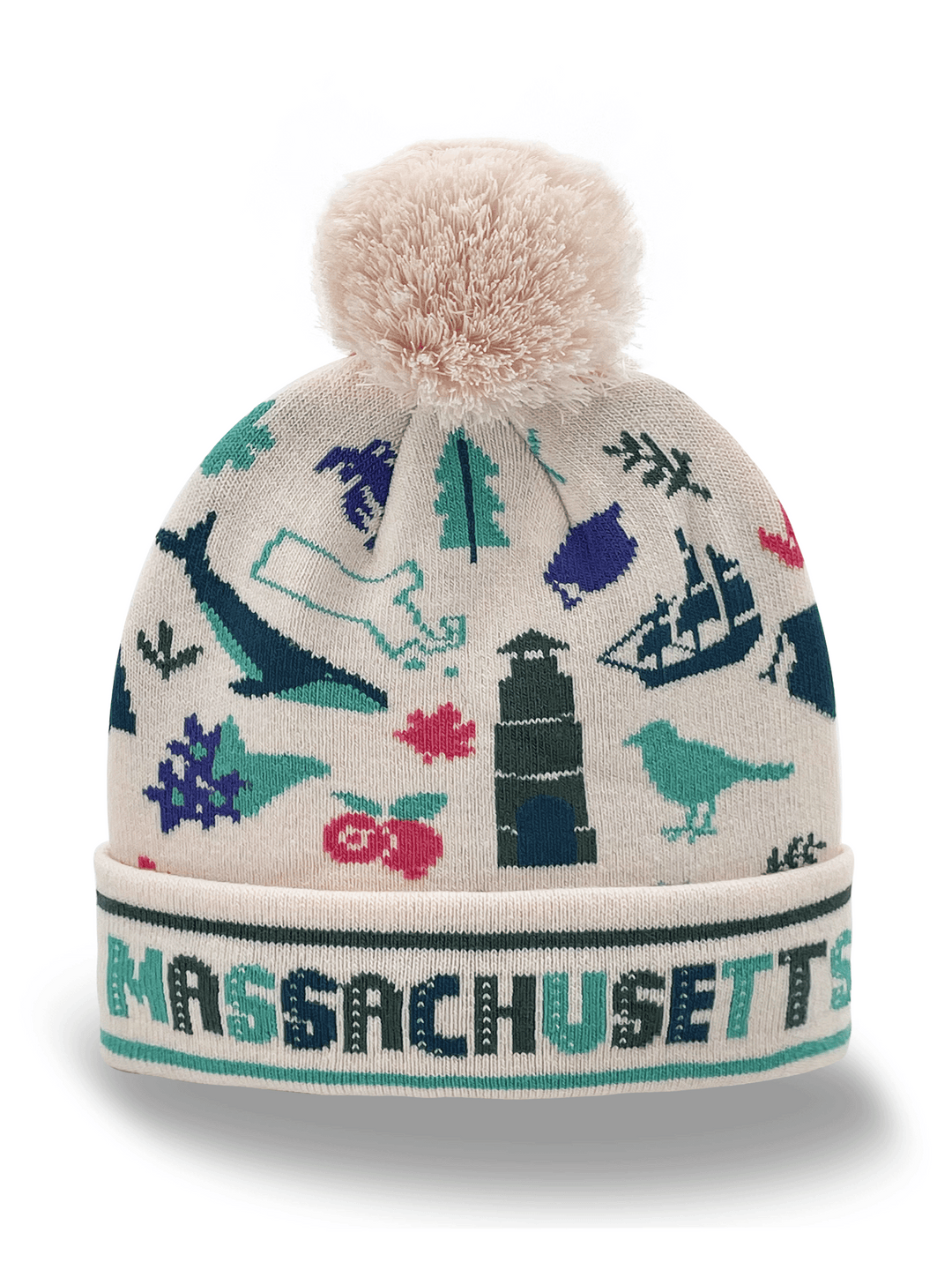 Maryland Knit Beanie Hat with Horse Crab Bird Flower Pattern Winter Pom Pom Cap