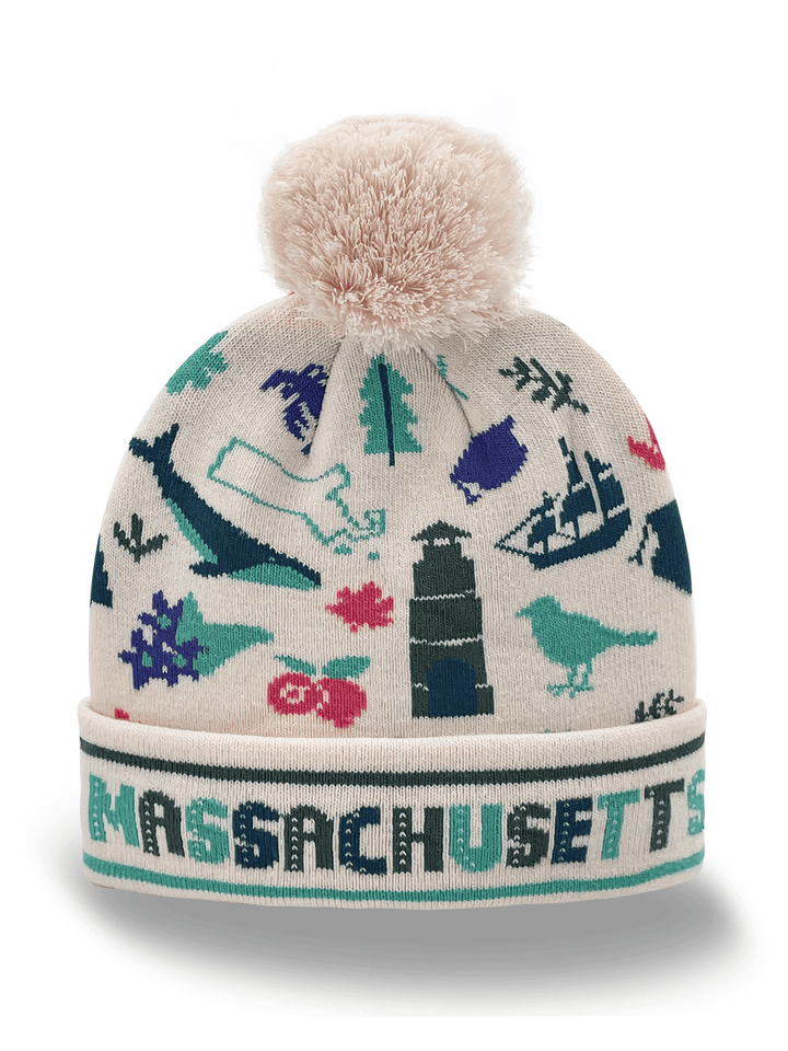 Maryland Knit Beanie Hat with Horse Crab Bird Flower Pattern Winter Pom Pom Cap