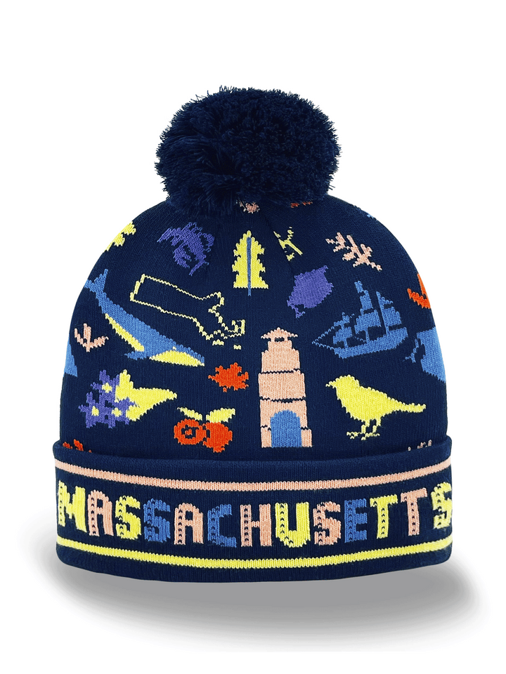 Maryland Knit Beanie Hat with Horse Crab Bird Flower Pattern Winter Pom Pom Cap
