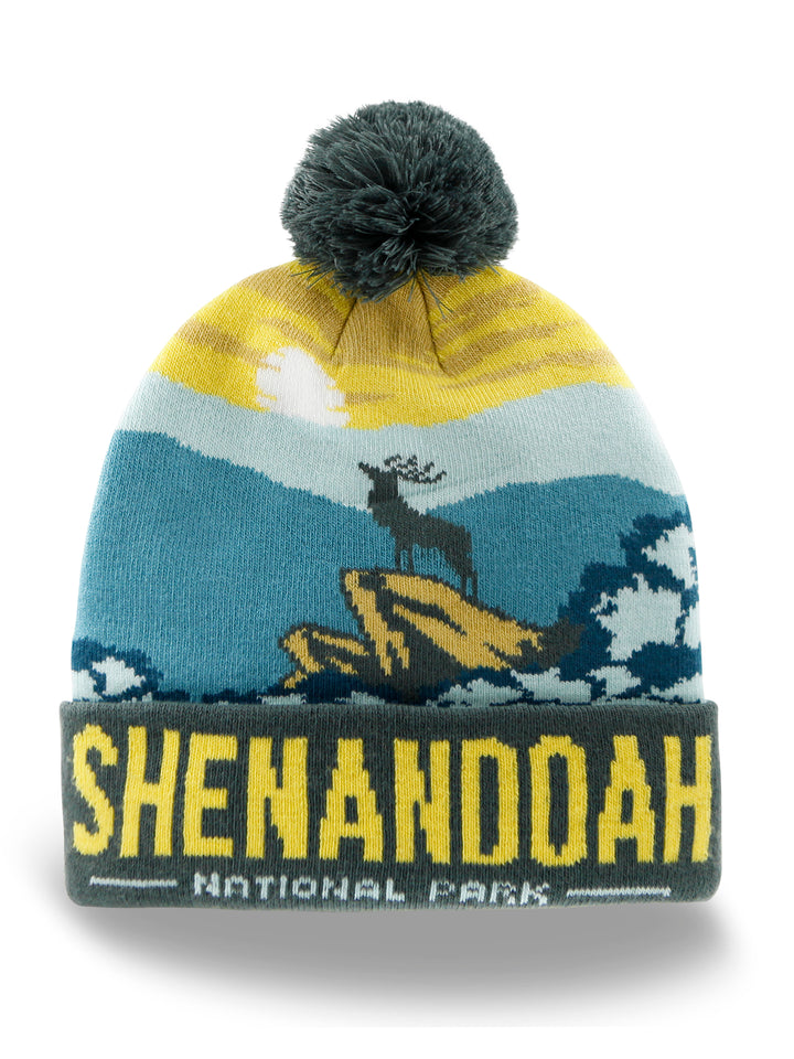 Shenandoah National Park Beanie with Deer Design, Pom Pom Knit Hat for Outdoors