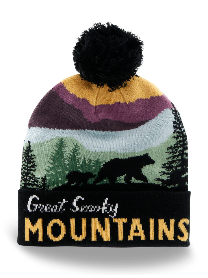 Great Smoky Mountains Beanie Hat with Bear and Forest Winter Knit Cap
