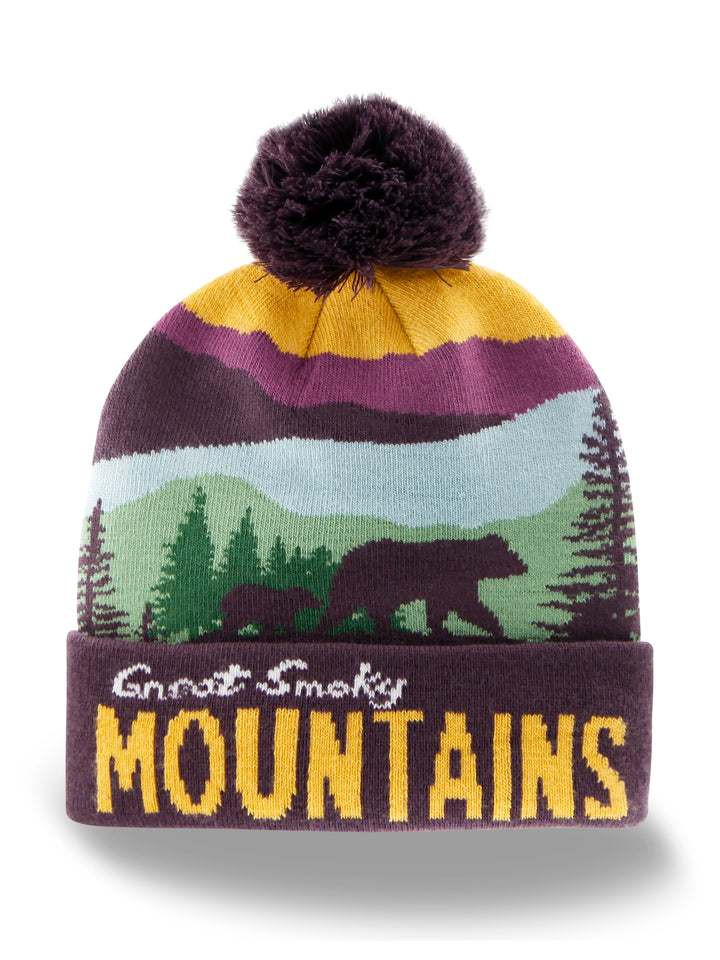 Great Smoky Mountains Beanie Hat with Bear and Forest Winter Knit Cap