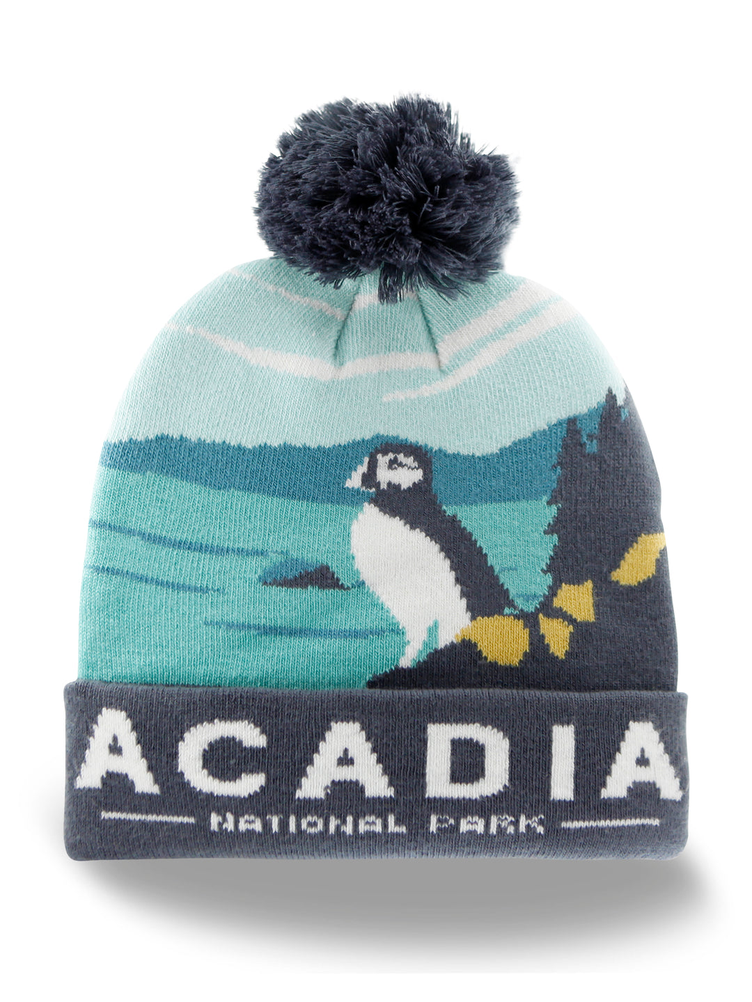 Acadia National Park Beanie Hat with Puffin Pom Pom Winter Knit Cap Outdoor Hiking Hat
