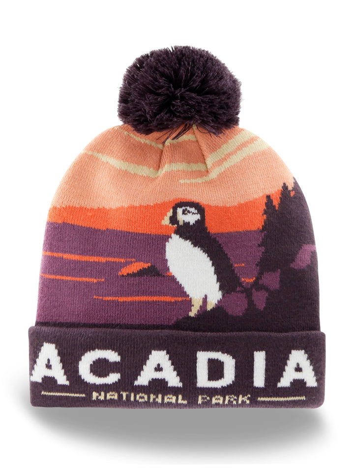 Acadia National Park Beanie Hat with Puffin Pom Pom Winter Knit Cap Outdoor Hiking Hat