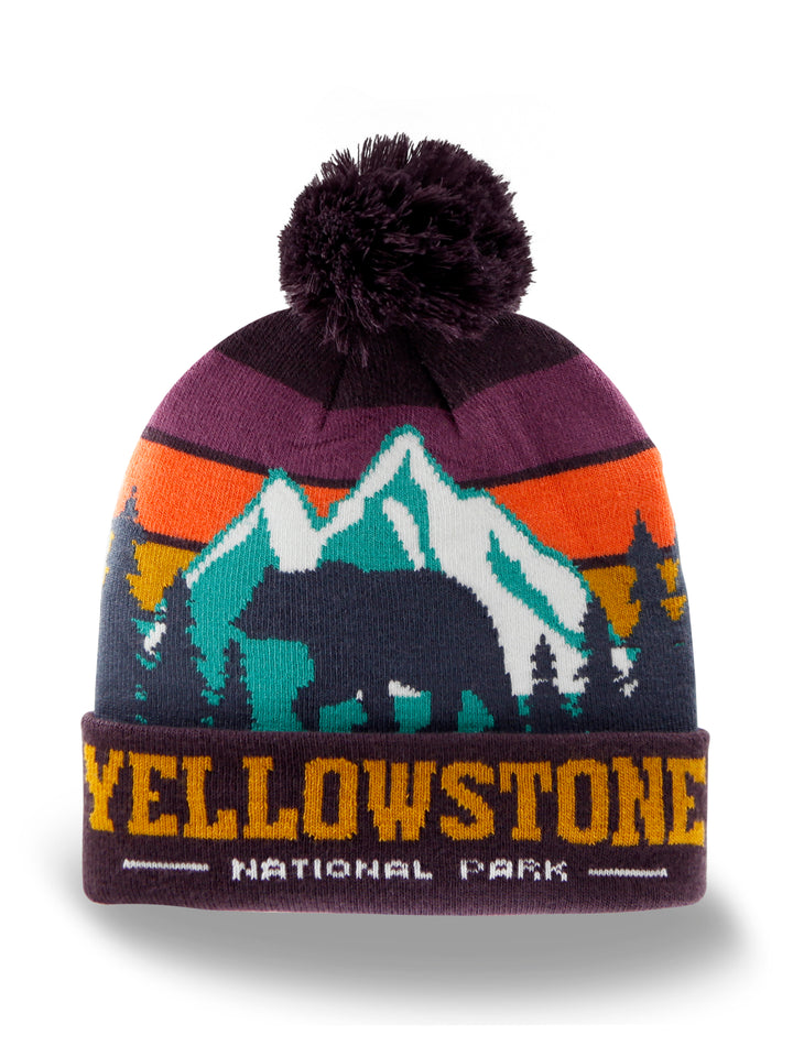 Yellowstone National Park Beanie Hat Outdoor Hiking Knit Cap with Bear Mountain Pom Pom