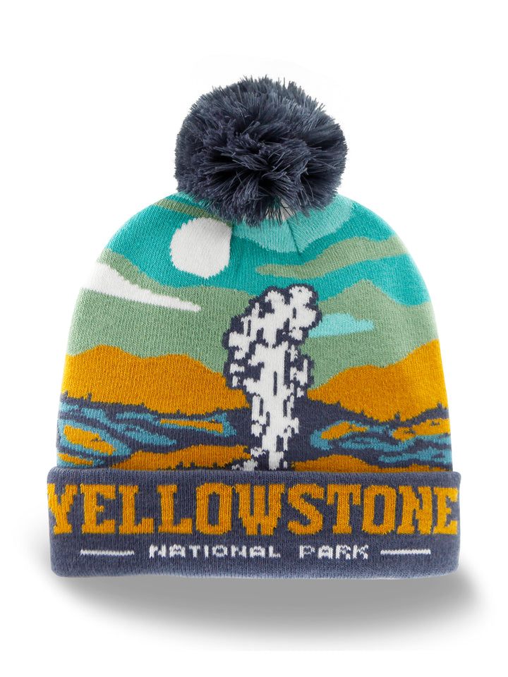 Yellowstone National Park Knit Beanie Hat with Pom Pom Winter Outdoor Geyser Design Cap