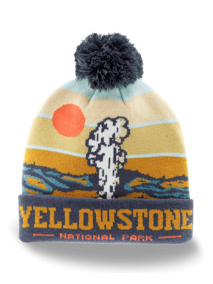 Yellowstone National Park Knit Beanie Hat with Pom Pom Winter Outdoor Geyser Design Cap