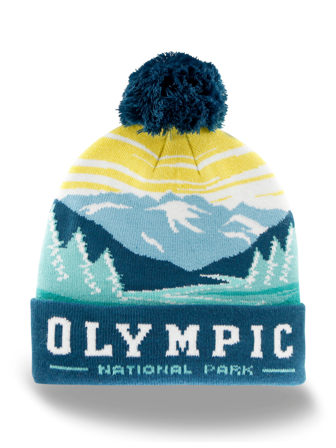 Olympic National Park Beanie Hat Outdoor Hiking Knit Cap with Mountain Sunrise Pom Pom
