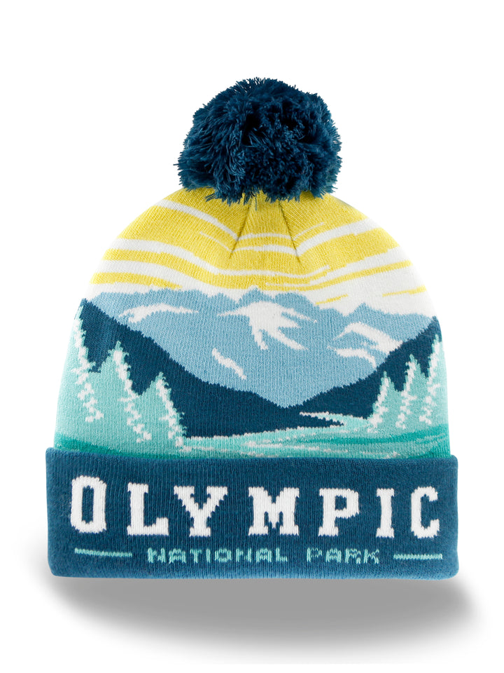 Olympic National Park Beanie Hat Outdoor Hiking Knit Cap with Mountain Sunrise Pom Pom