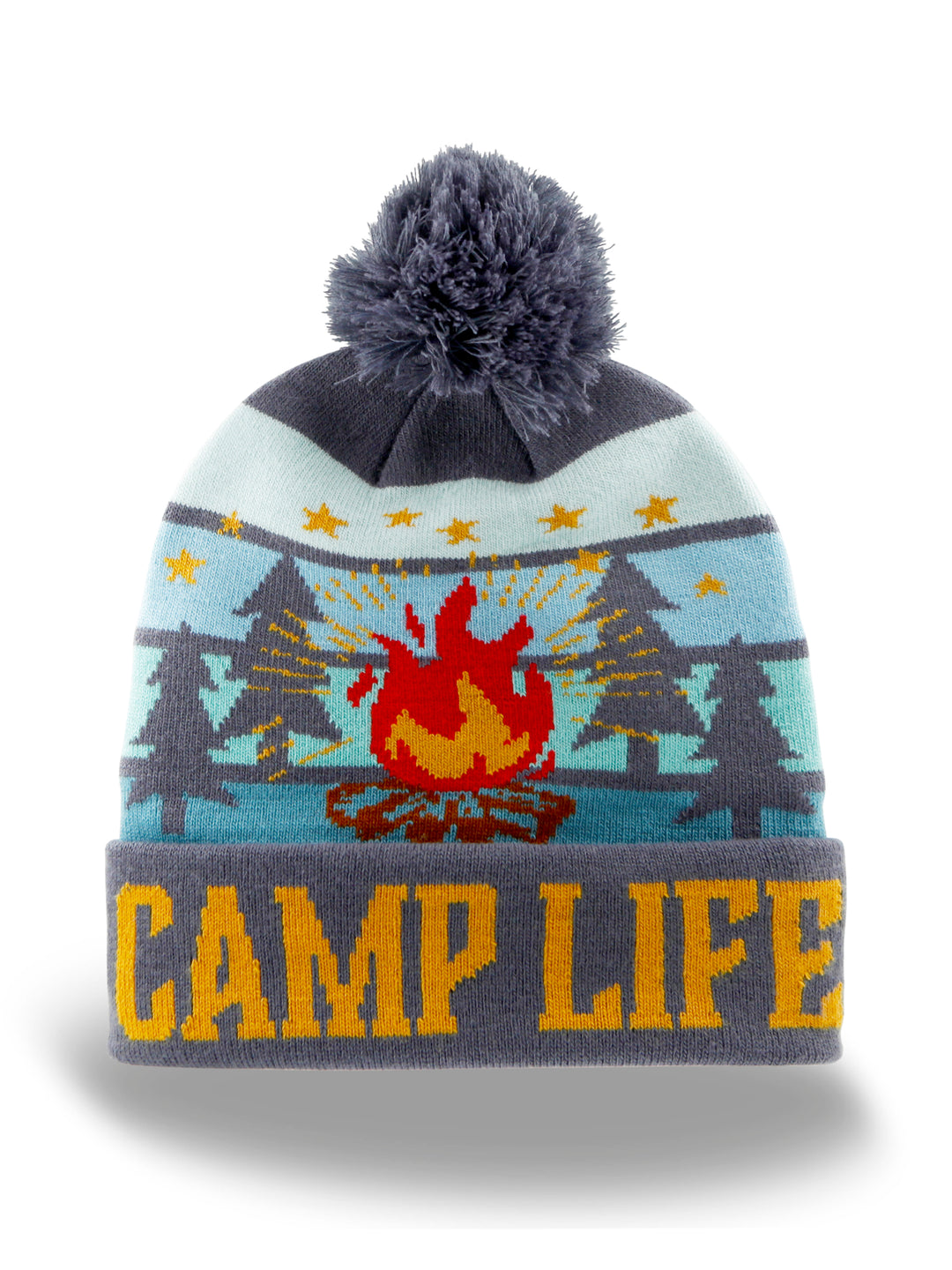 Camp Life Beanie Hat with Pom Pom, Warm Knitted Winter Cap for Camping