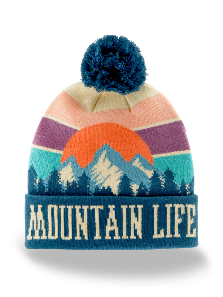 Mountain Life Knit Beanie with Pom Pom Winter Hat for Hiking Camping Outdoors