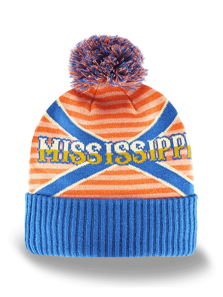 New Mexico Knit Beanie Hat with Zia Sun Symbol Southwest Winter Pom Cap