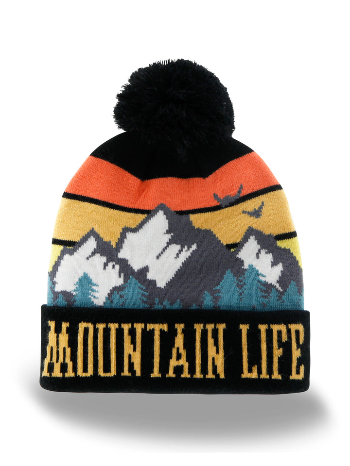Mountain Life Knit Beanie with Pom Pom Winter Hat Sunset Hiking Ski Snow Gear