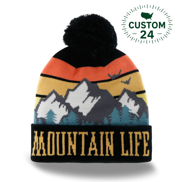 Mountain Life Knit Beanie with Pom Pom Winter Hat Sunset Hiking Ski Snow Gear