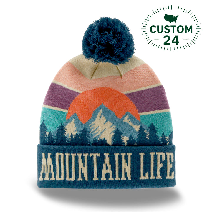 Mountain Life Knit Beanie with Pom Pom Winter Hat for Hiking Camping Outdoors