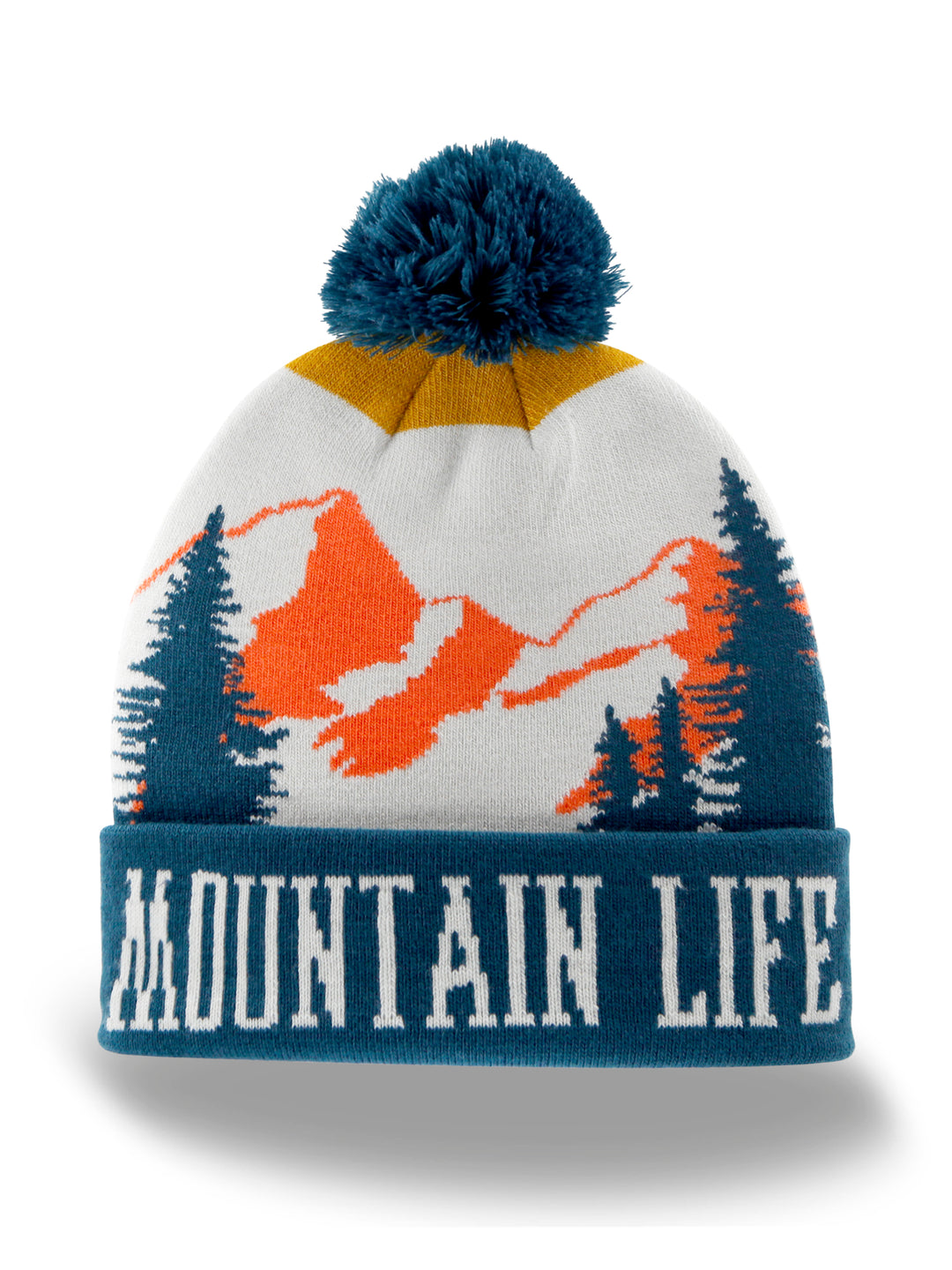 Mountain Life Knit Beanie Winter Hat with Pom Pom Outdoor Hiking Adventure Style