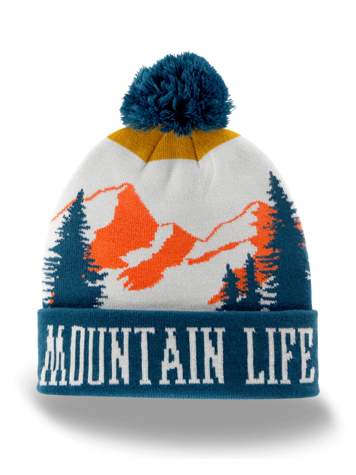Mountain Life Knit Beanie Winter Hat with Pom Pom Outdoor Hiking Adventure Style