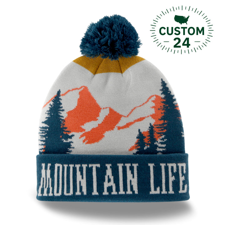 Mountain Life Knit Beanie Winter Hat with Pom Pom Outdoor Hiking Adventure Style