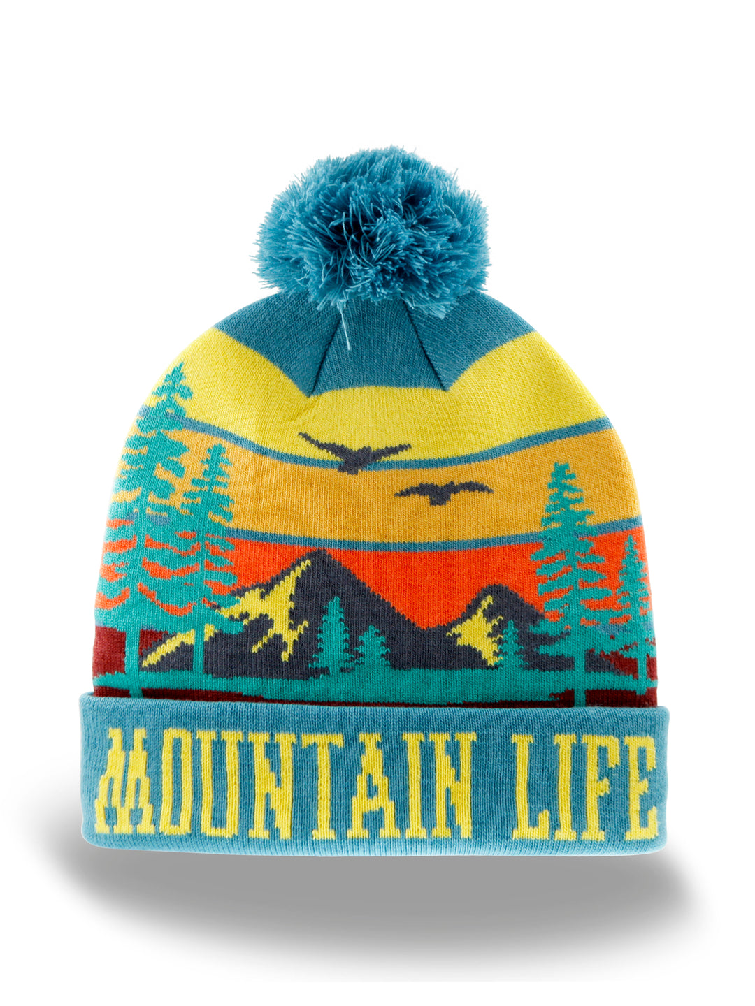 Mountain Life Knit Beanie Hat with Pom | Outdoor Hiking Camping Winter Adventure Cap