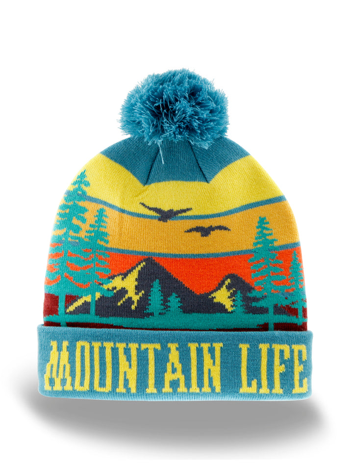 Mountain Life Knit Beanie Hat with Pom | Outdoor Hiking Camping Winter Adventure Cap
