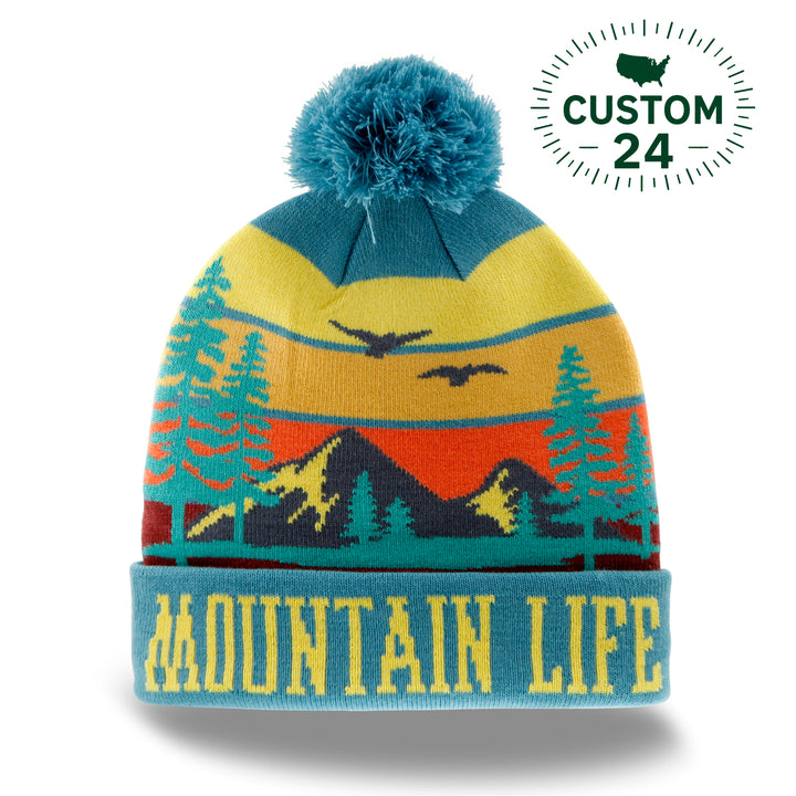 Mountain Life Knit Beanie Hat with Pom | Outdoor Hiking Camping Winter Adventure Cap