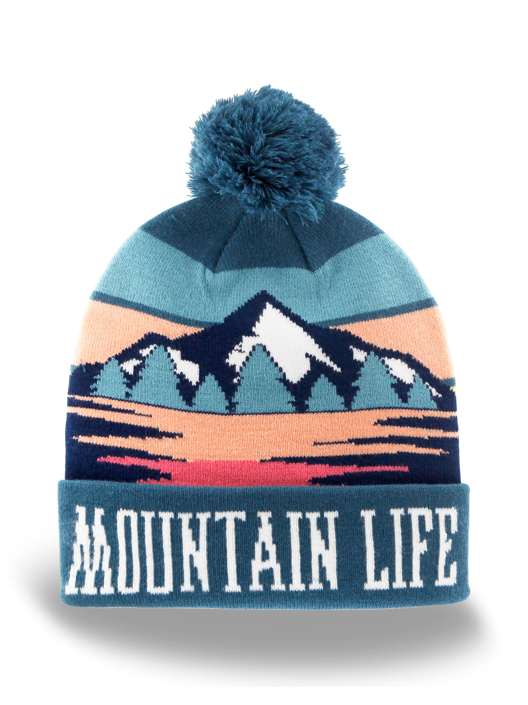 Mountain Life Knit Beanie with Pom Pom Winter Hat Outdoor Hiking Snow Gear