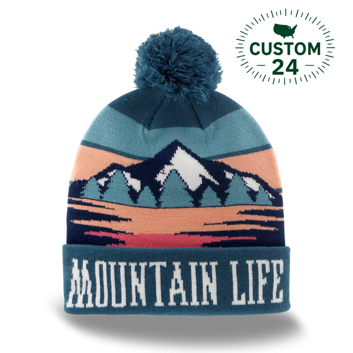 Mountain Life Knit Beanie with Pom Pom Winter Hat Outdoor Hiking Snow Gear