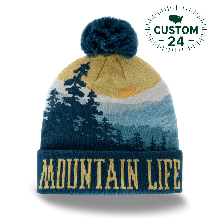 Mountain Life Knit Beanie Pom Pom Winter Hat for Hiking Camping Outdoor Adventure