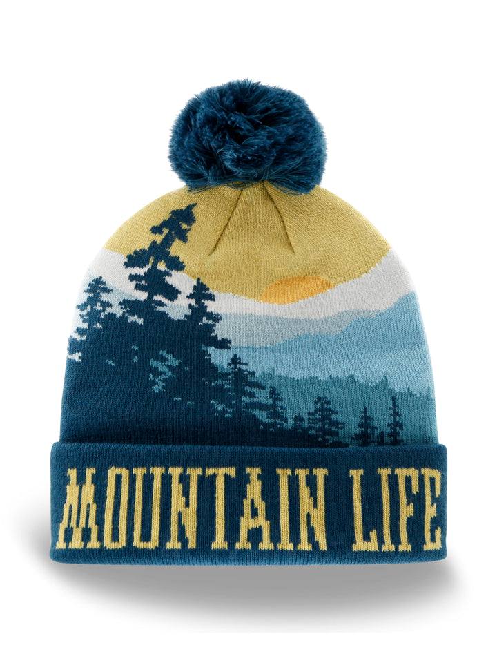 Mountain Life Knit Beanie Pom Pom Winter Hat for Hiking Camping Outdoor Adventure