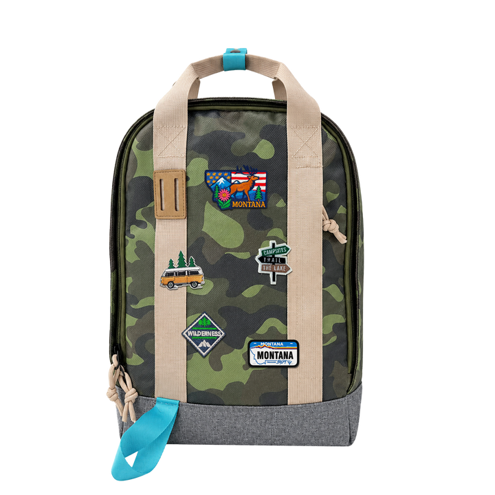 Montana Big Sky Waterproof Camouflage Backpack with Vintage Patches for Travel
