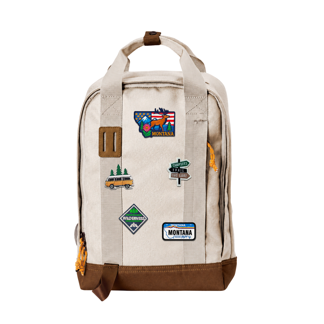 Montana Big Sky Waterproof Camouflage Backpack with Vintage Patches for Travel