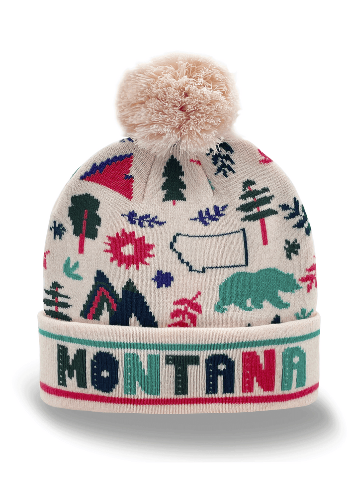 Montana Knit Beanie Hat with Bear Tree Mountain Nature Pattern Winter Pom Pom Cap