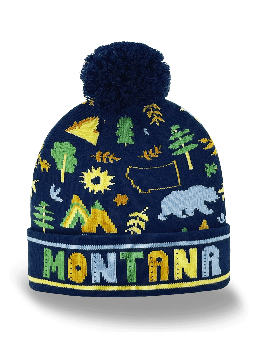 Montana Knit Beanie Hat with Bear Tree Mountain Nature Pattern Winter Pom Pom Cap
