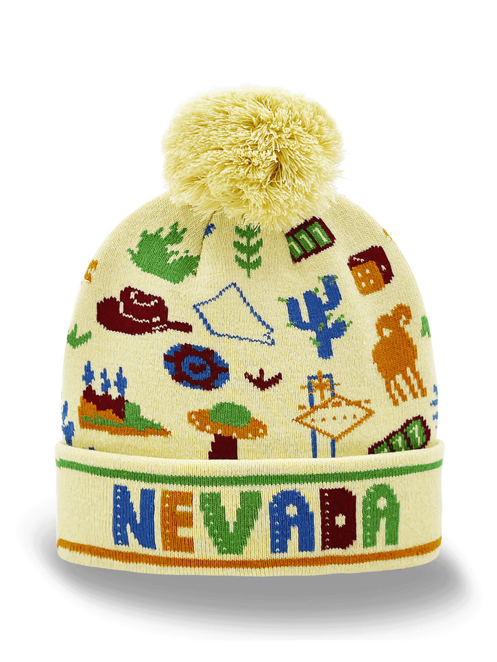 Nevada Knit Beanie with Desert, Cactus, Cowboy Hat & State Icons